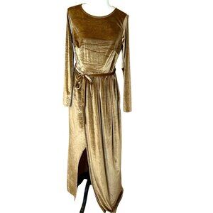 Gold Velvet Maxi Dress Size 12 Long Sleeve Belted Modest  Club L Holiday Party